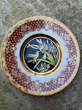 Vintage Japanese Chokin Art Plate Black Porcelain, 24K Gold Rim, Floral